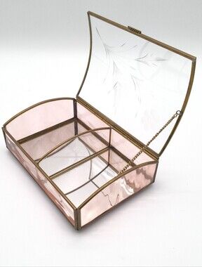 Vintage Via Vermont Pink Glass Brass Jewelry Box With Etched Floral Domed Lid